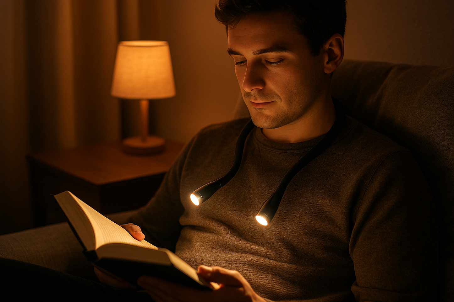 human reading a book with the neck reading light attached on them