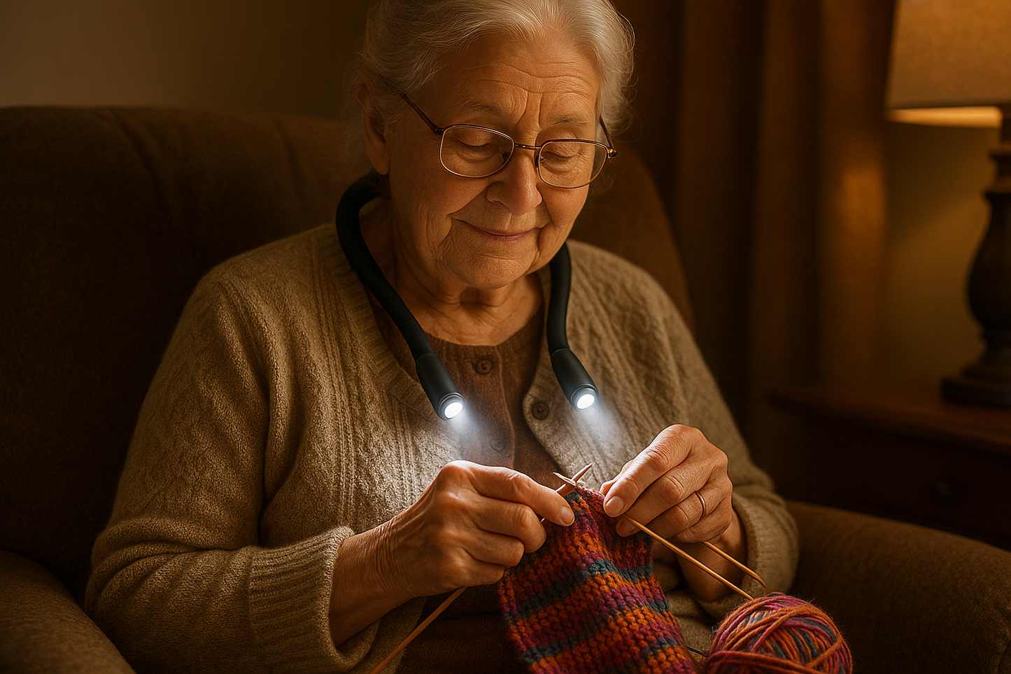 no with the reading neck light on her neck knitting